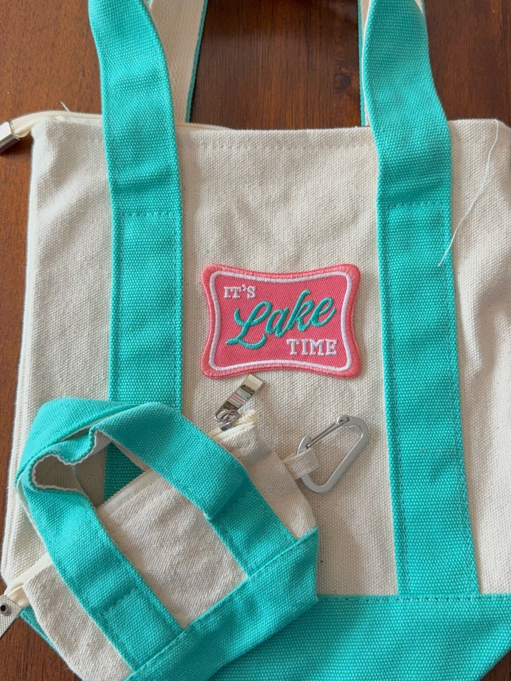 Cream Canvas Tote with Teal Straps and Pink Patch